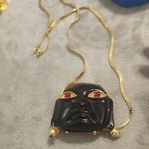 Keneth J. Lane Black Face Pendant Necklace with Gold Chain and Red Eye Accents